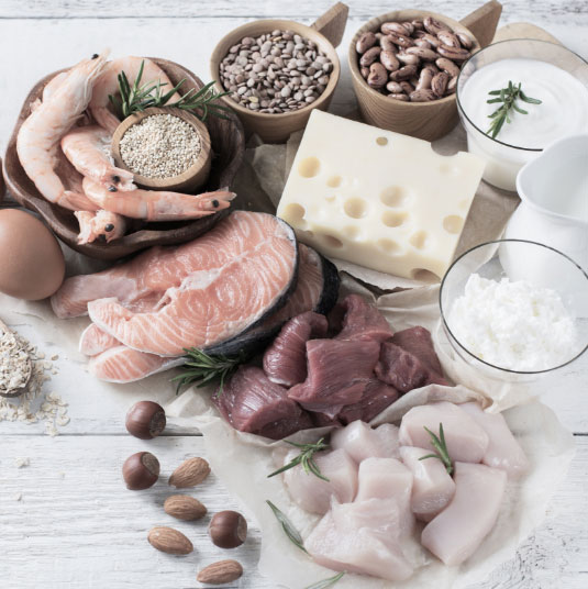 Assortment of healthy foods utilized in medical weight loss: Salmon, dairy, nuts, proteins
